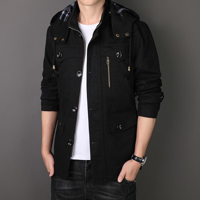Men's Mid-Length Hooded Jacket - 100% Cotton, Casual Spring/Autumn Trench Coat