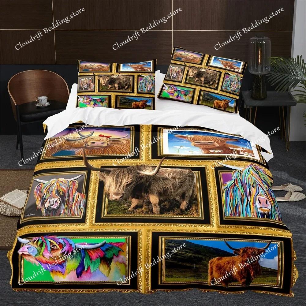 Highland Cow Duvet Cover King Queen Cattle Bedding Set Farmhouse Animal Quilt Cover Western Funny Bull Polyester Comforter Cover