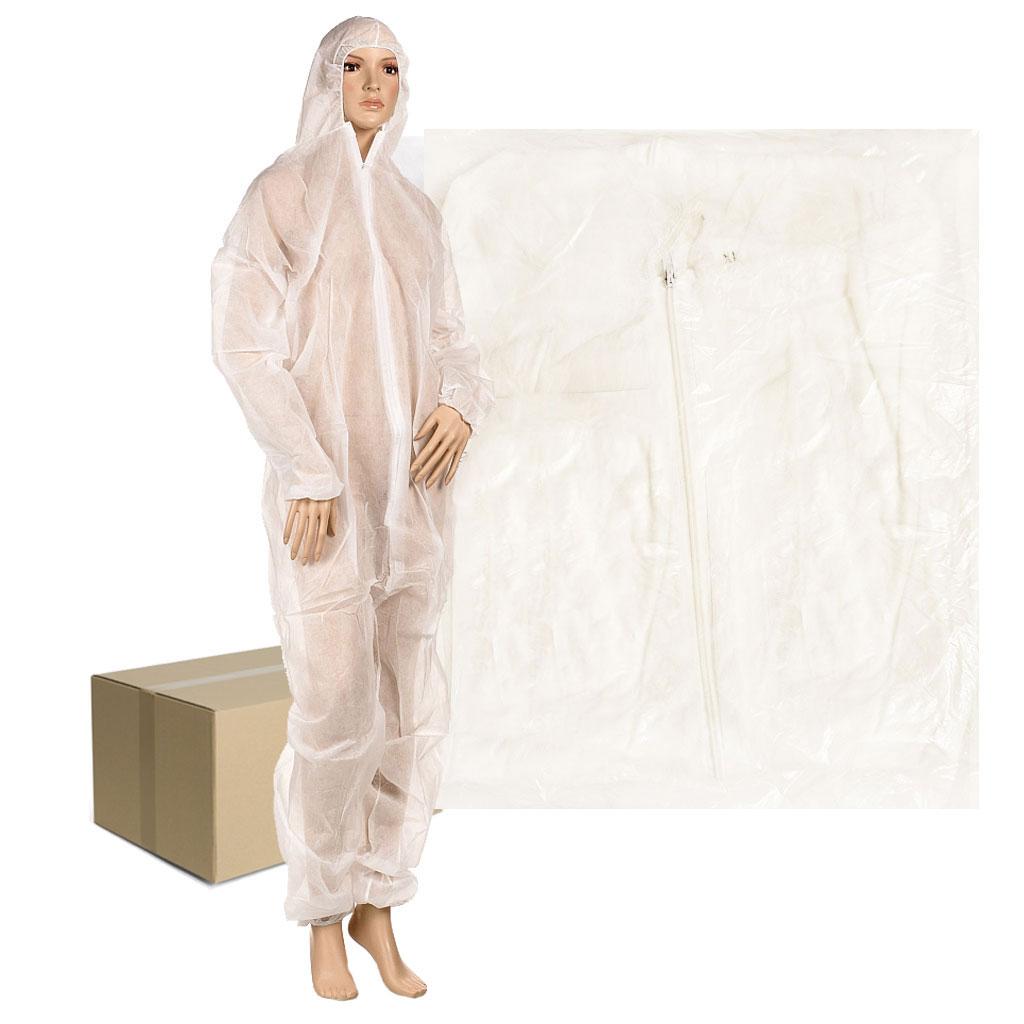 Protective Coverall White Nonwoven With Hood 50 Pcs