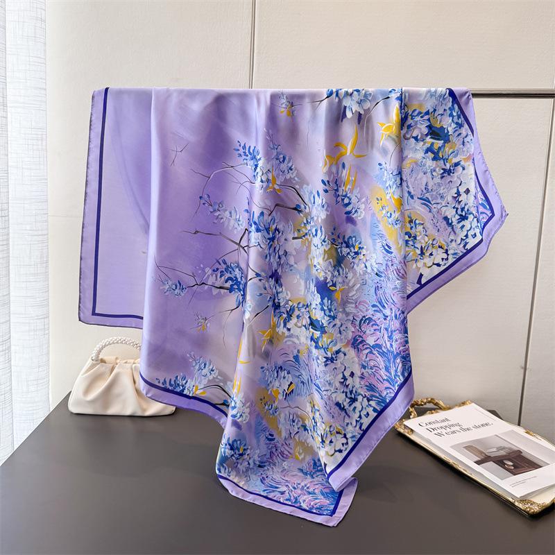 

Lavender Imitation Silk Printing Large Square Scarf Silk Scarf Shawl Headscarf Beach Scarf Neck Protection Scarf 90*90cm
