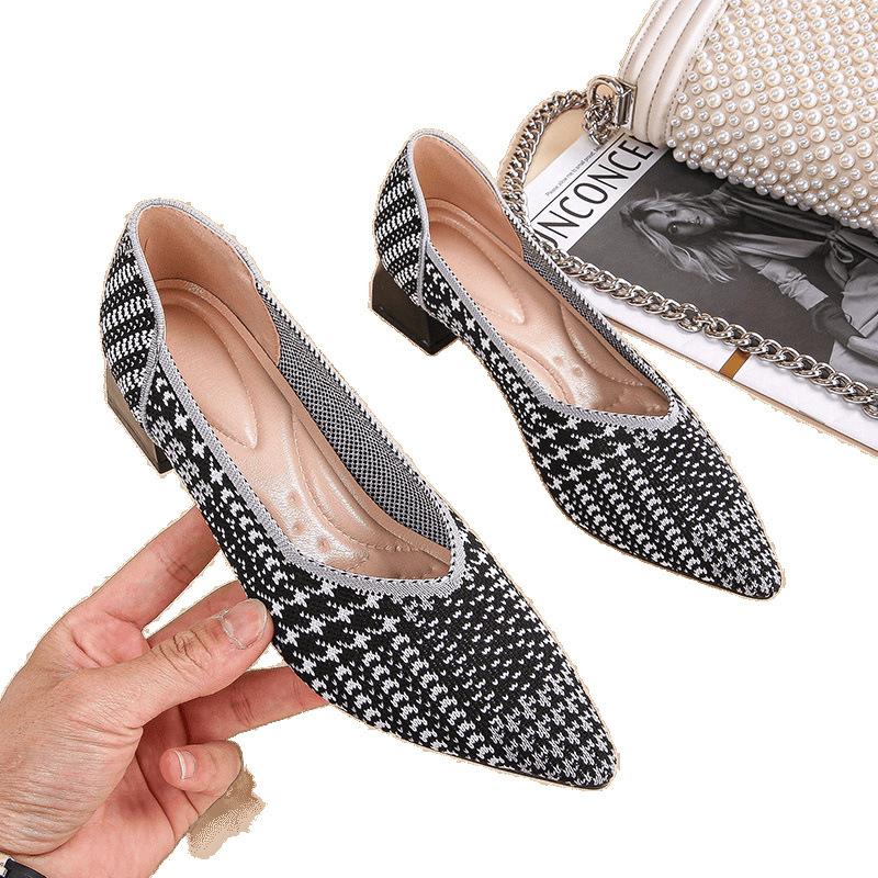 Spring and Autumn New Weaving Fly Knitting Breathable Sleeve Pointed Women's Thick High Heel Single Shoes