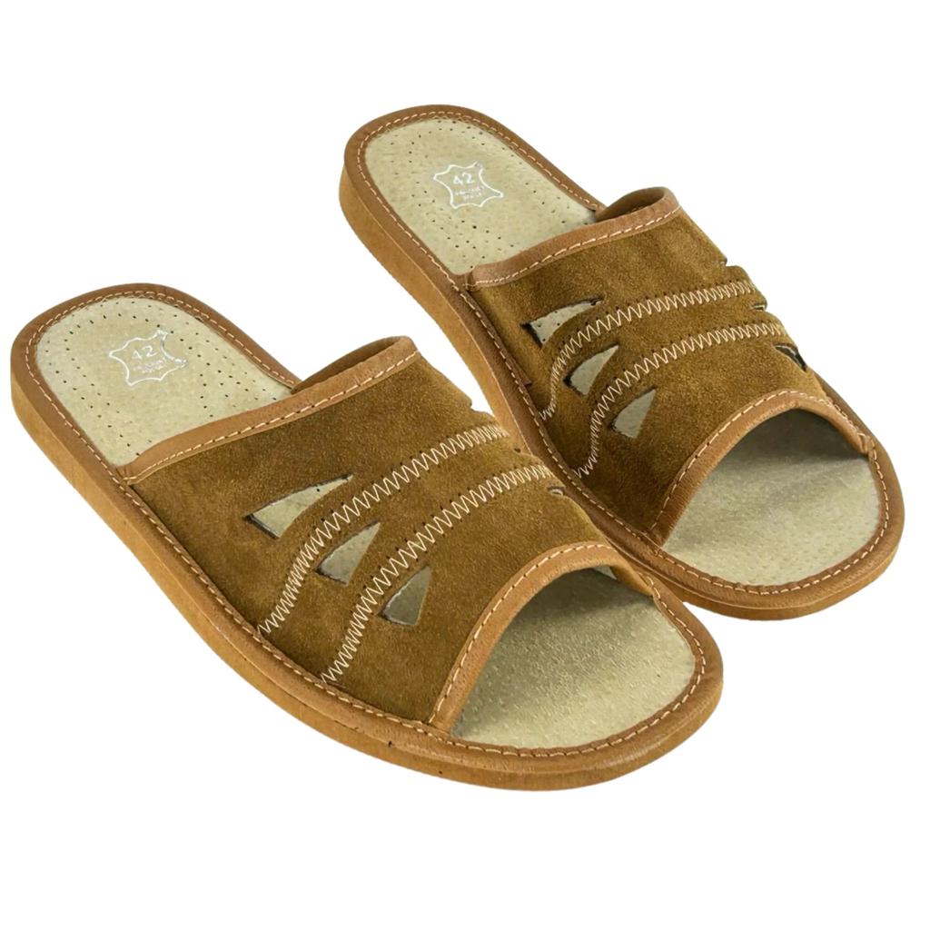 Light brown men's leather slippers, comfortable Men's slippers, house slippers 46