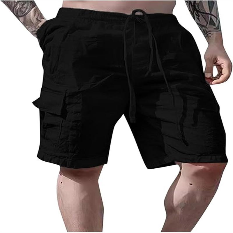 Sommer Herren Einfarbig Kordelzug Baumwolle und Leinen Mehrfach-Taschen Werkzeug Locker Outdoor Atmungsaktiv Shorts