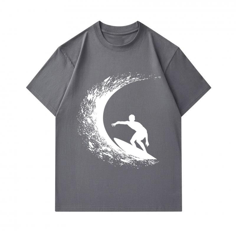 Men's 100% Cotton Crew Neck Short Sleeve T-Shirt, Cool Surfer Curl Wave Silhouette Print Casual Summer Breathable Tee Top For Daily Wear