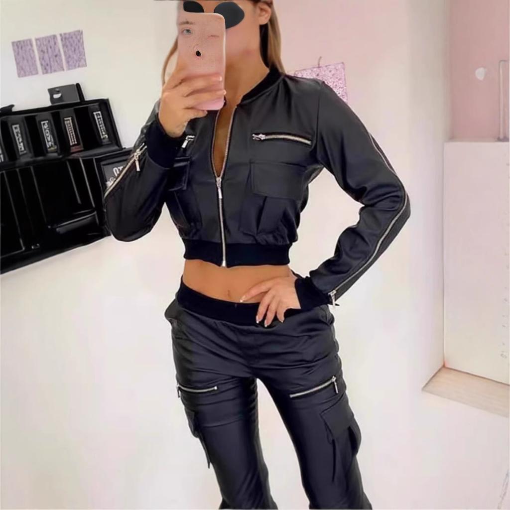 2024 European and American women's clothing new products in stock, cross-border e-commerce trend fashion black PU zipper short jacket women