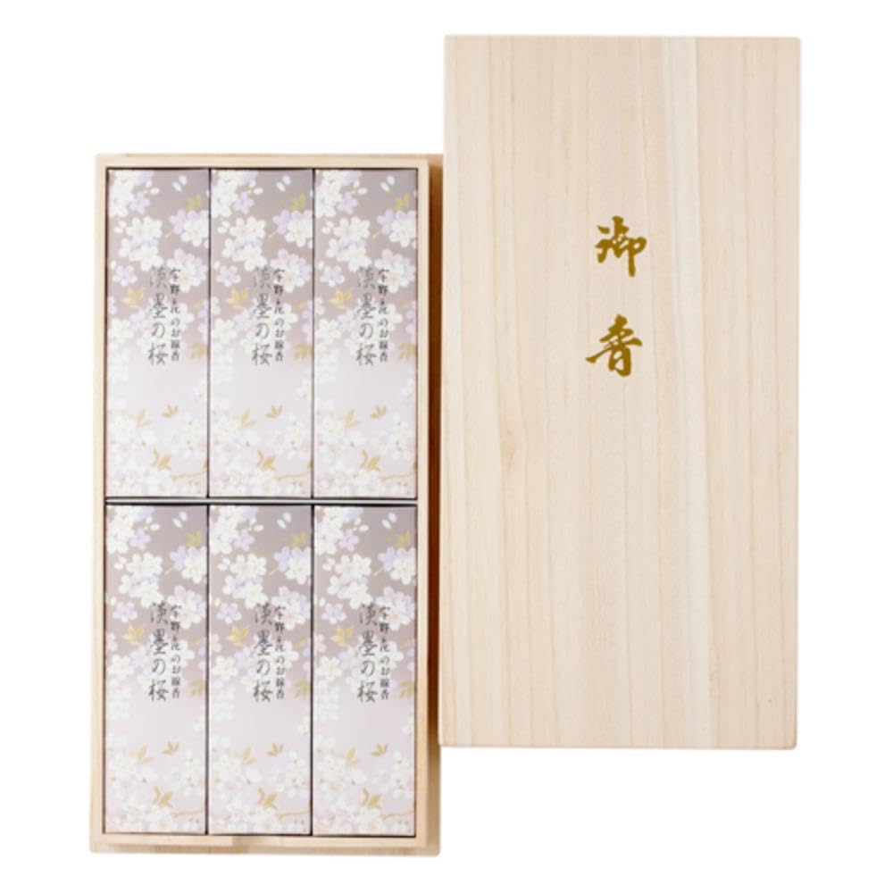 Chiyo Uno Incense Sticks, New Light Ink Cherry Blossom, Set of 6 in a Paulownia Wood Box, 37102