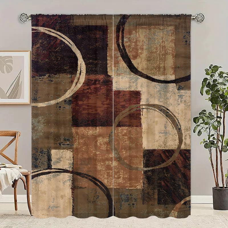 

2pcs- Retro coffee-colored geometric polyester curtains, bathroom, bedroom, living room, and family room decorative curtains 14Wx39L(35x100CM)x2