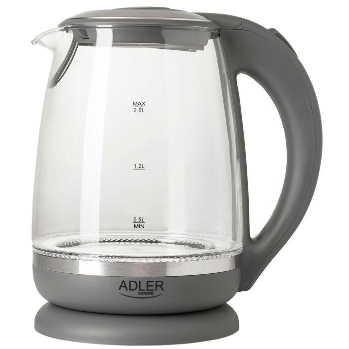 Bouilloire Électrique en Verre 2 Litre, Intérieur Éclairé, sans Fil Adler AD1286 2200W Gris 34230
