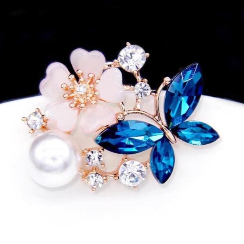 Crystal Butterfly Flower Brooch Female Pearl Pin Suit Accessories Clothing Accessories
