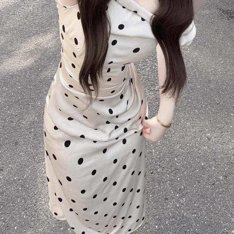 Mm summer white polka dot dress French temperament hip-wrapped long dress is popular in spring and new