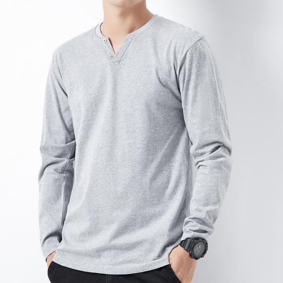 Men Fall Spring Top Buttoned V Neck Long Sleeves Pure Color Loose Pullover T-shirt Daily Wear Sport Homewear Clothes