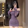 Niche Alluring Lace One-Shoulder Bodycon Dress In Purple