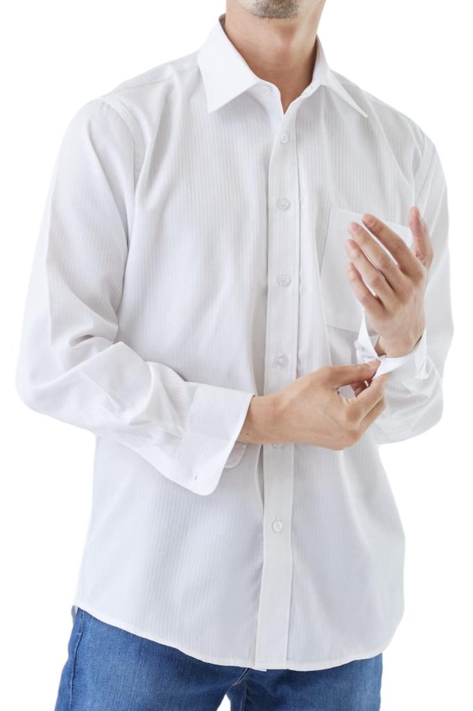 Valeria White Dress Business Striped Dobby Long White Top 1 Men's Shirt, Shirt, Shirt, Weave, Casual, Sleeve, (Size M, Shirt)
