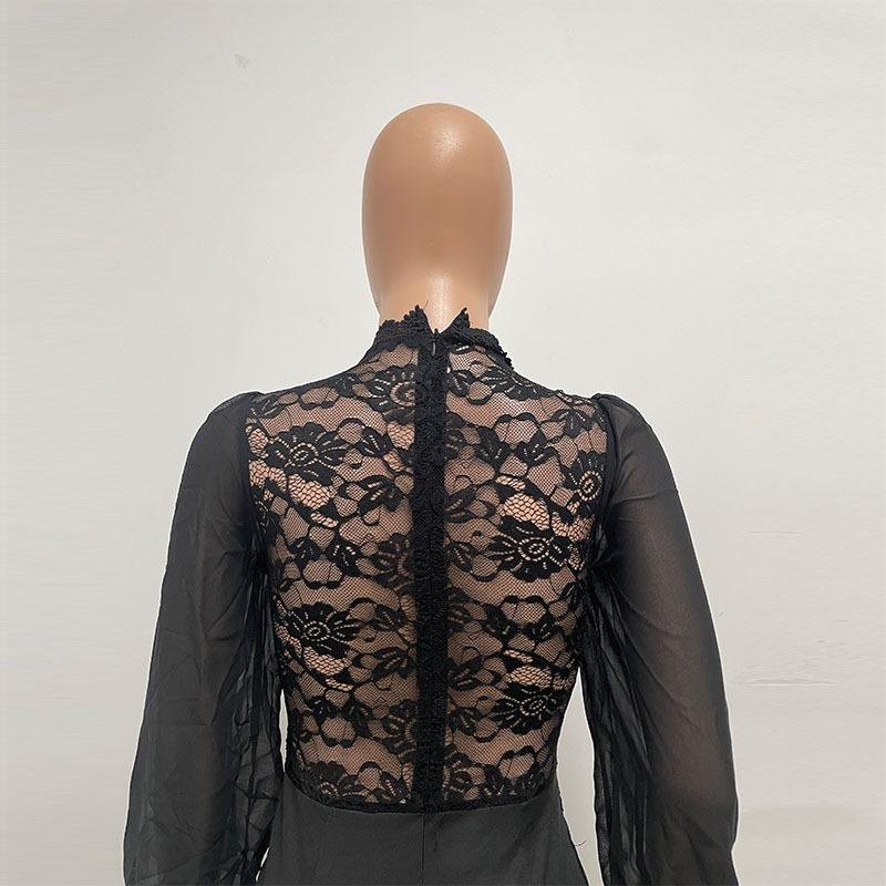 Women's High Collar Lace Lace Fashion Solid Color Chiffon Long Sleeve High Waist Jumpsuit