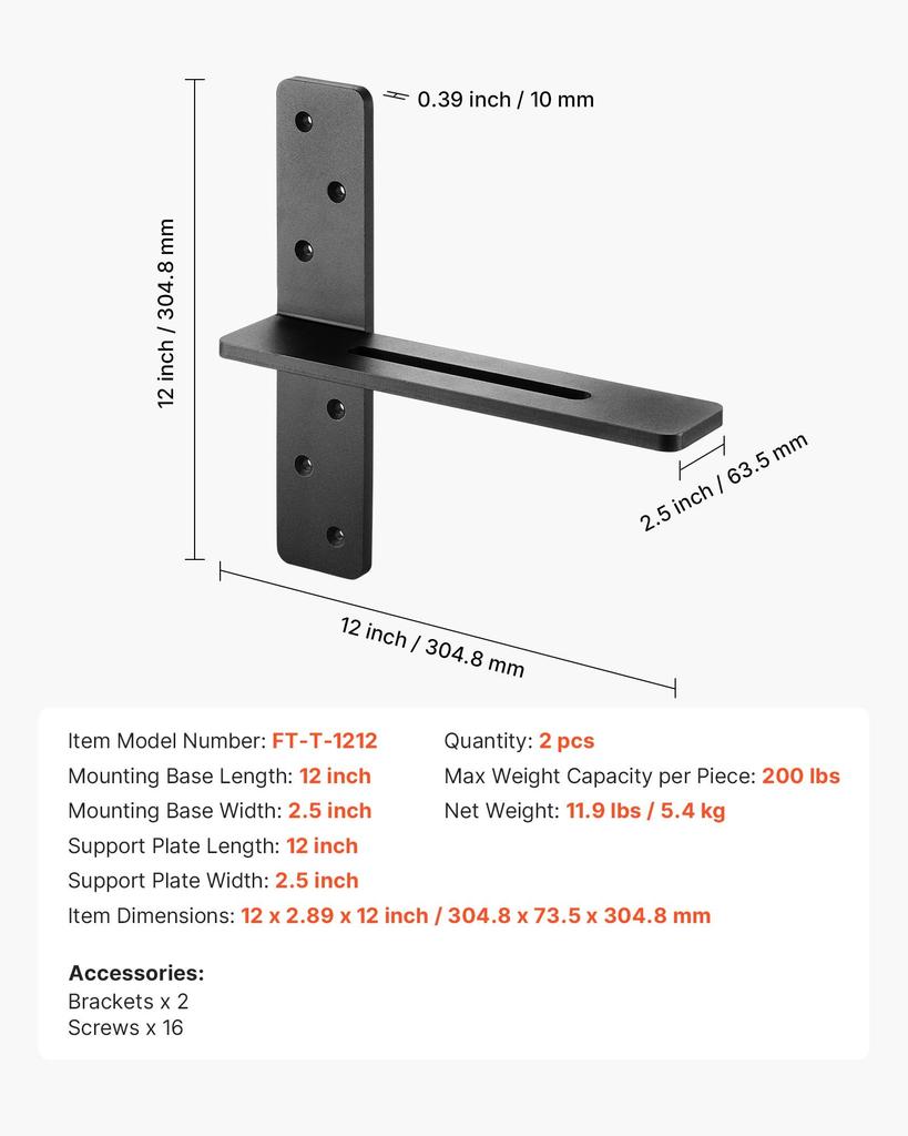 VEVOR T Shelf Brackets 2 Pcs, 200 Lbs/90 Kg Weight Capacity, 12x2.89x12 In / 304.8x73.5x304.8 Mm, Solid Steel Heavy Duty Brackets for Shelves