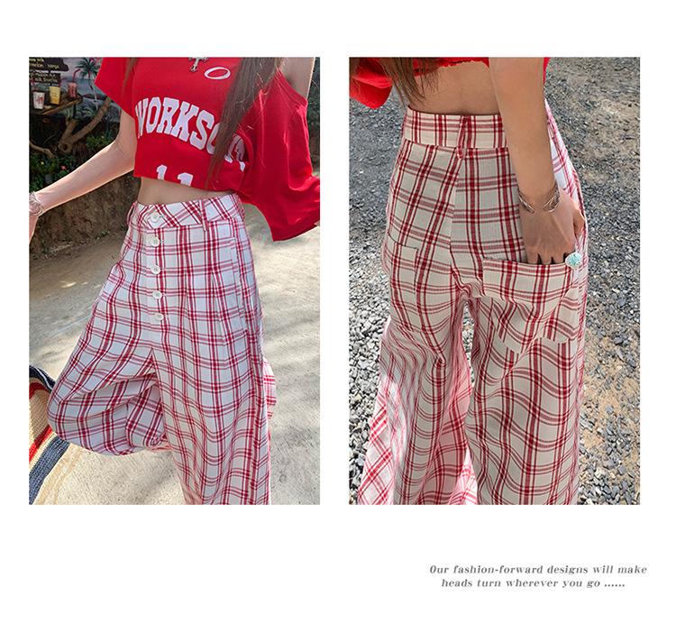 Women's Spring Plaid High-Waist Wide-Leg Pants - Casual, Loose, Floor-Length