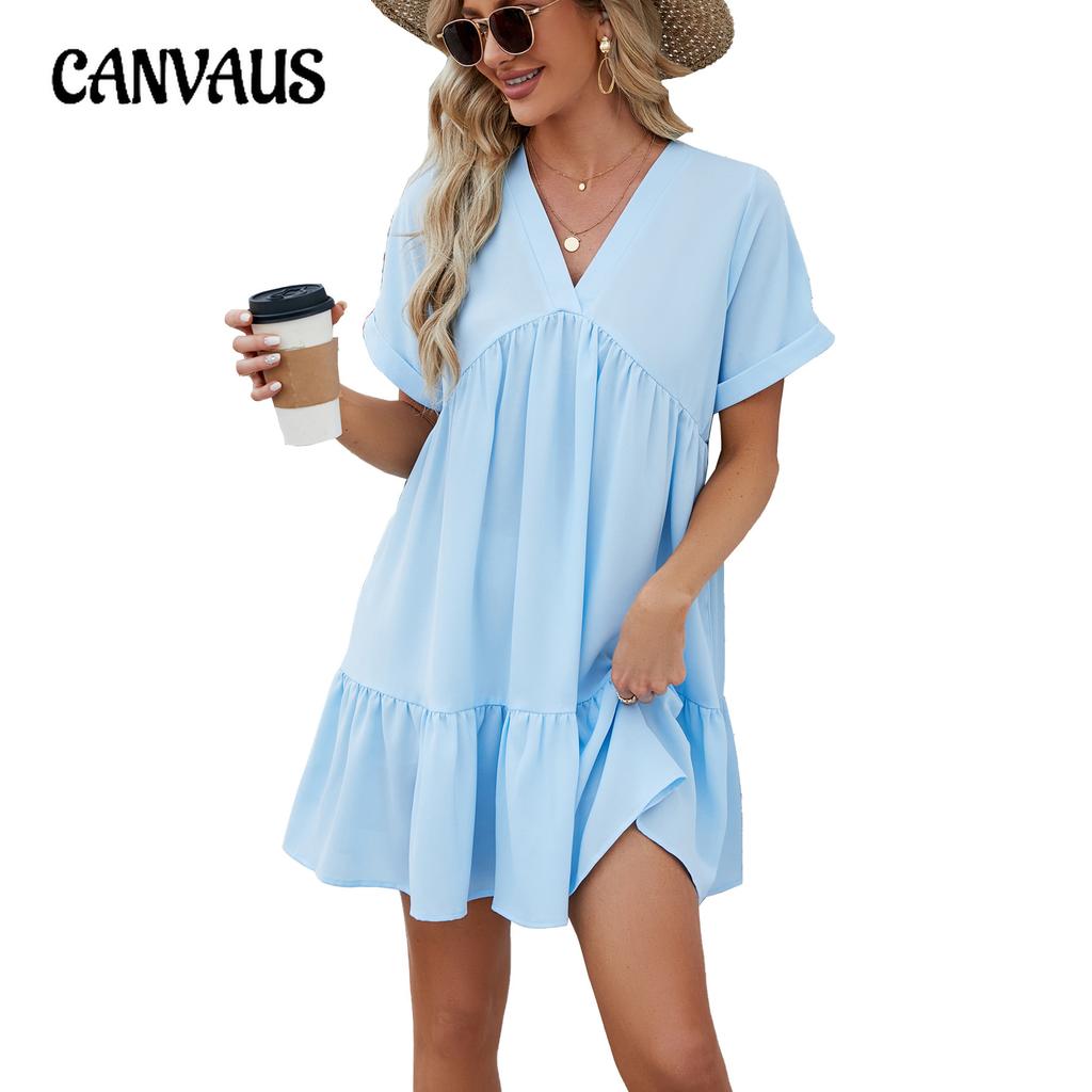 Summer Women's Dress New Solid Color V-Neck Loose Pleated Dresses