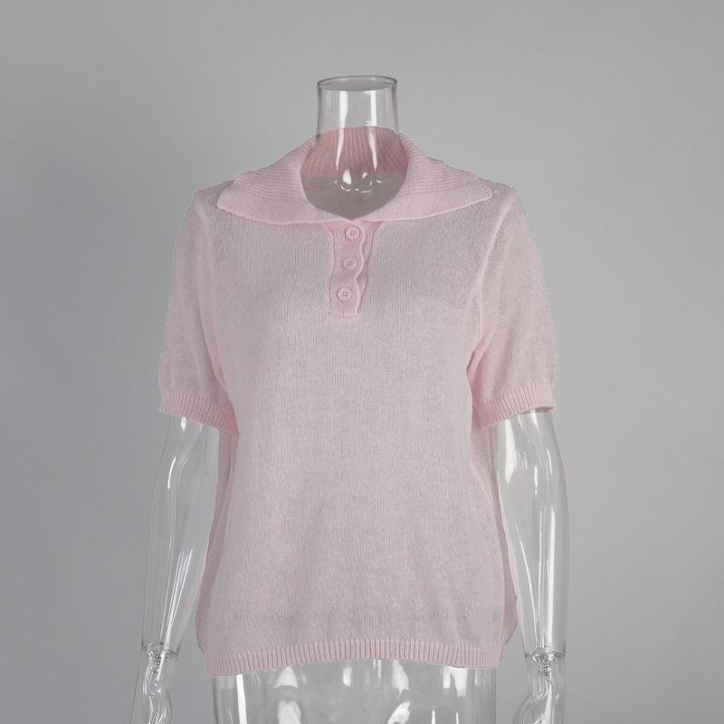 Suéter calado de punto de manga corta 2025 otoño y verano nuevo camiseta de manga abullonada suéter de punto simple mujer