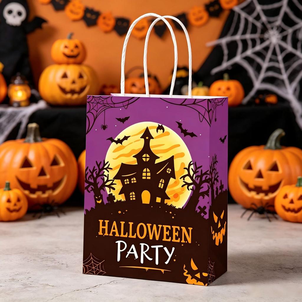 Halloween Paper Gift Bags Trick or Treat Candy Packaging Bags Pumpkin Witch Spider Print Bags Halloween Party Decor Supplies