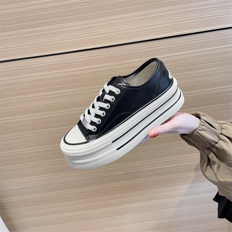 Women's 2023 Spring Genuine Leather White Platform Sneakers - All-Match Round Toe, Thick-Soled Sports Casual Shoes