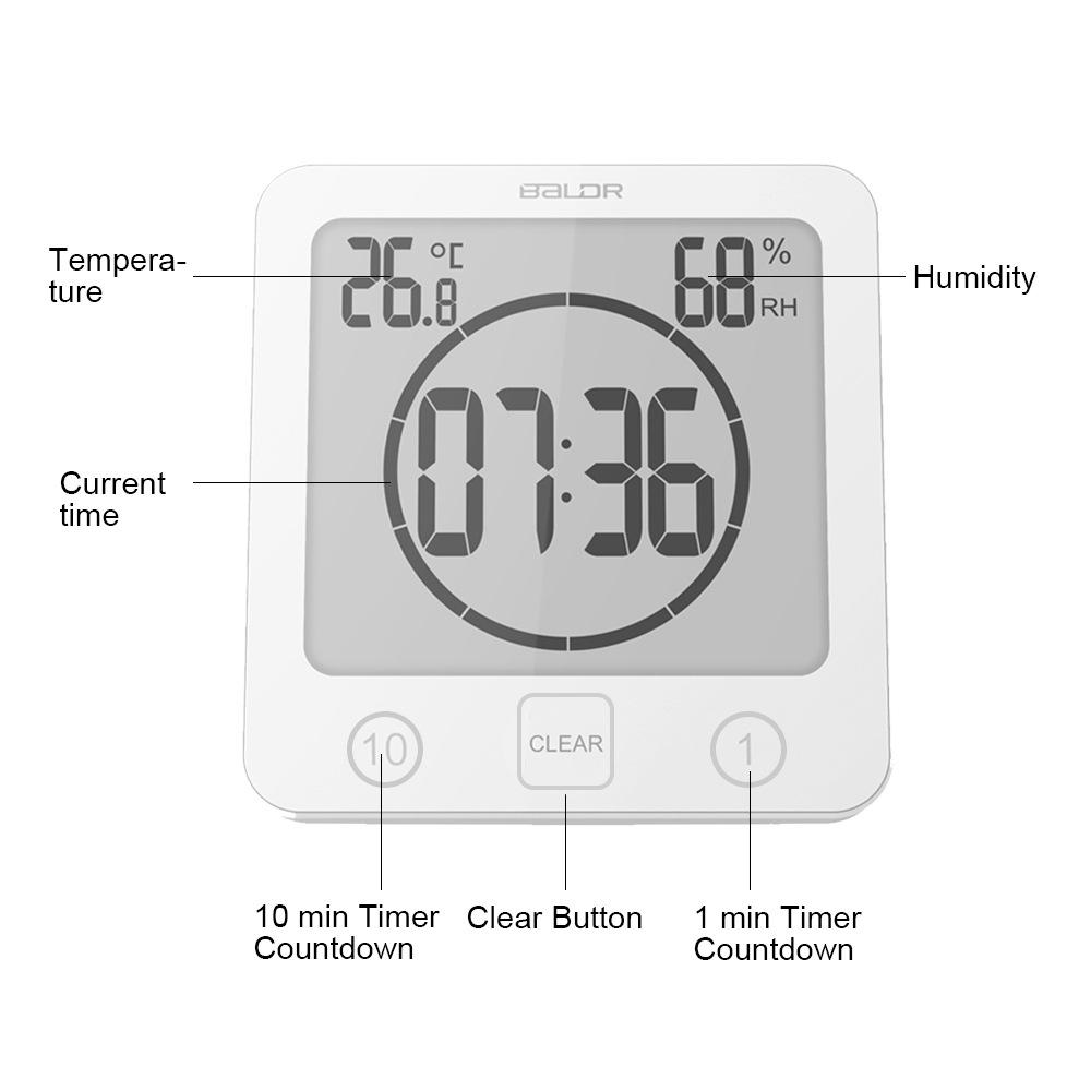 BALDR Waterproof Bathroom Wall Clock with Thermometer, Hygrometer, Suction Cup, and 1/10-Minute Countdown Timer