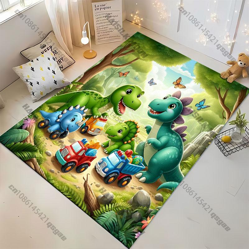 Dinosaurs Playing with Toy Trucks Carpet Yoga Living Room Room Decor Children's Crawling Mat Doormat Area Rug Games Mat