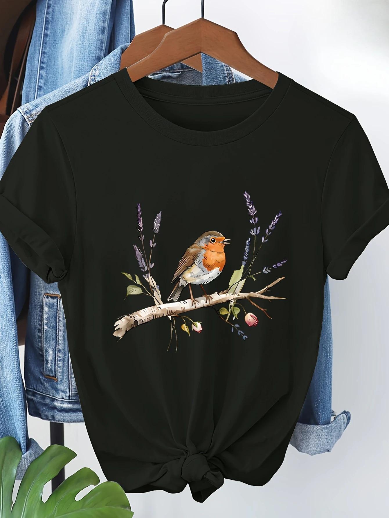 

Womens Short Sleeve TShirt Peaceful Robin Bird Standing on Branch Lavender and Floral Print Casual Wear Graphic T Shirts S
