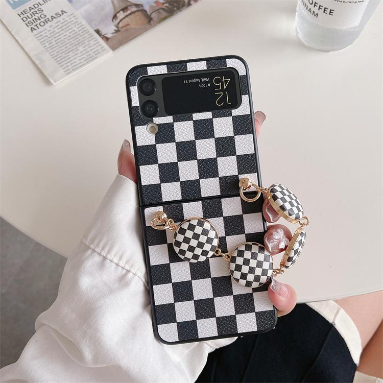 Applicable to Samsung ZFold3 plaid bracelet folding protective case zflip3 portable anti-drop leather case zflip4