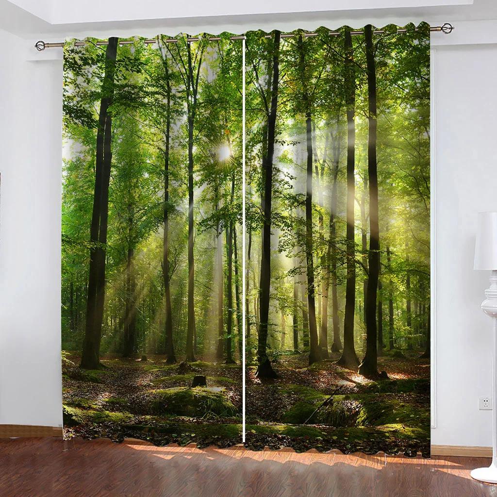 3D Curtain Tree Scenery for Bedroom, Autumn Forest Sunset Print, Light Curtain, Essential Polyester, 2 Panels