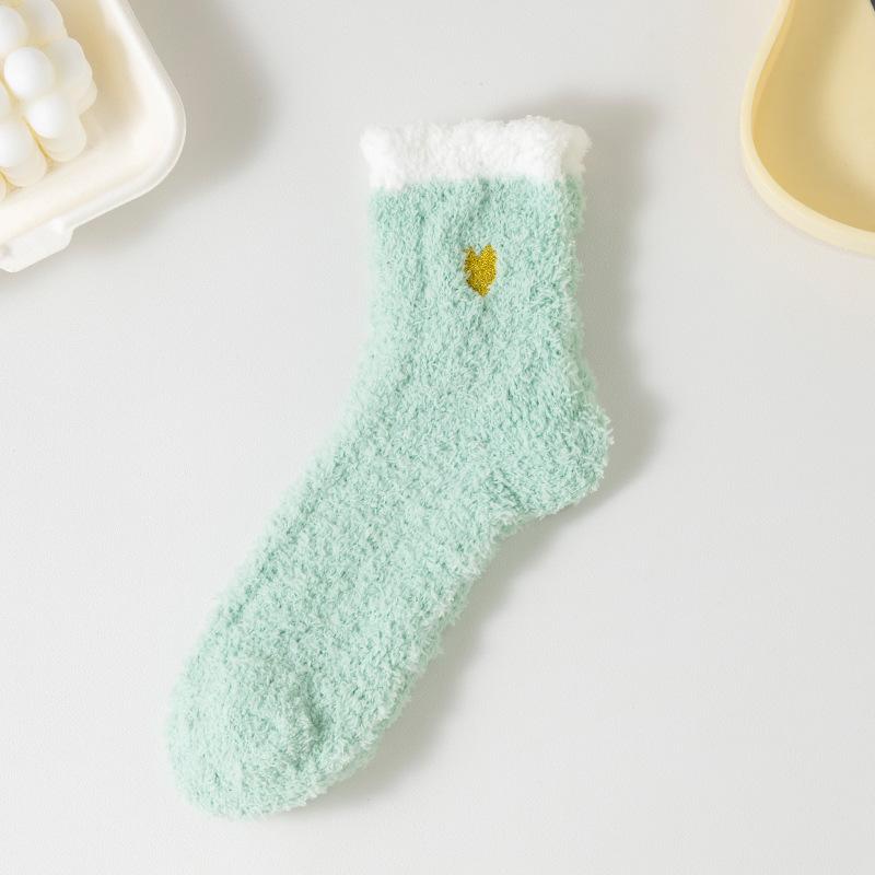 Embroidery love coral fleece women's socks autumn and winter thickened half fleece twist sleep socks