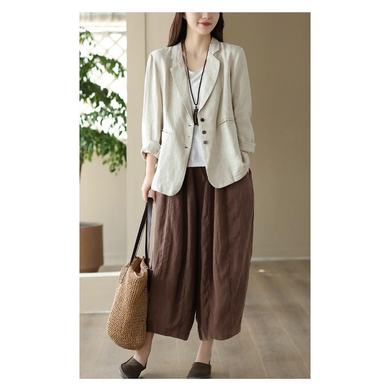 Women S Vintage Casual Blazer Jacket Turn Down Collar Cotton Linen