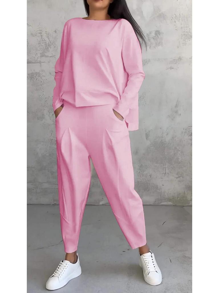2025 Women's Solid Color Round Neck Long-Sleeve Suit with Pocket Pants