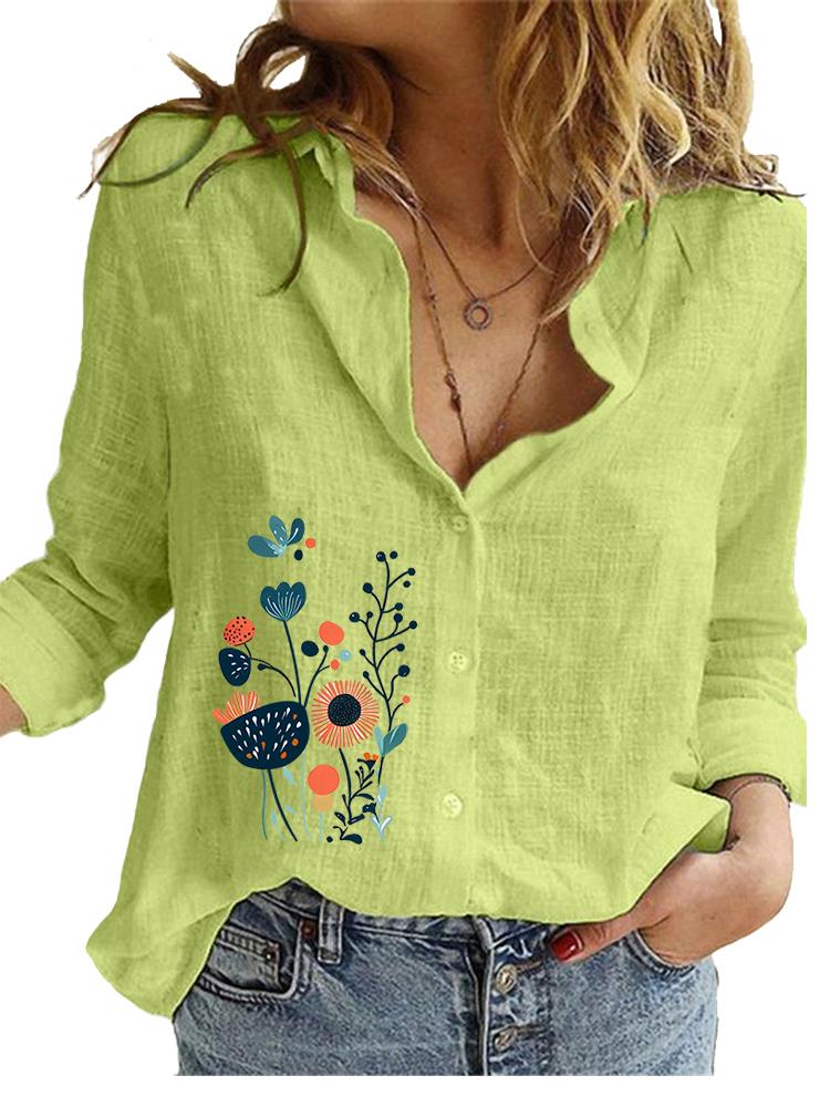 Women Fashion Cotton Linen Blouse Spring&summer Casual Loose Top Ladies Floral Print Long Sleeve Shirt