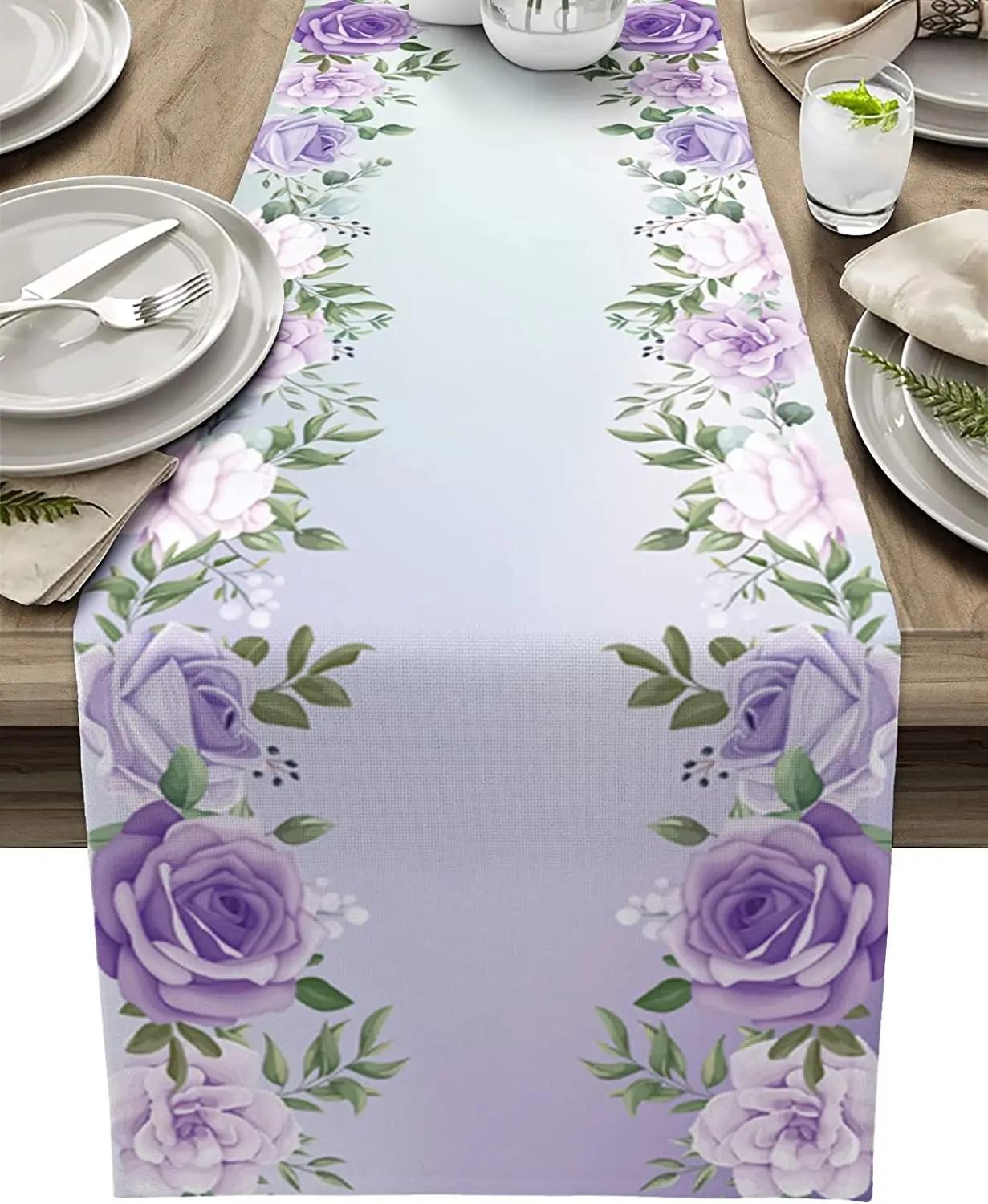 Paarse Bloembladeren Linnen Tafel Runner Feestdecoratie Wasbare Paarse Bloem Tafel Runner Keukentafel Bruiloft Decoratie 150x33cm