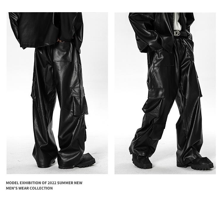 Men's Autumn West Coast Hip-Hop Punk Multi-Pocket Leather Pants