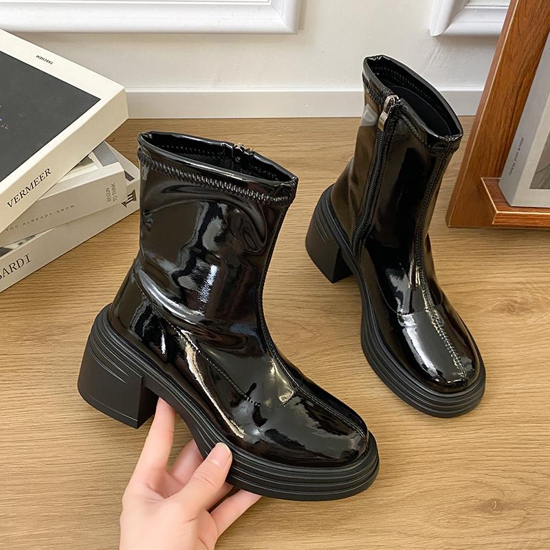

Fashion Patent Leather Women Ankle Boots British Style Thick Heel Shoes Autumn Winter Modern Short Booties Zapatos De Mujer 35