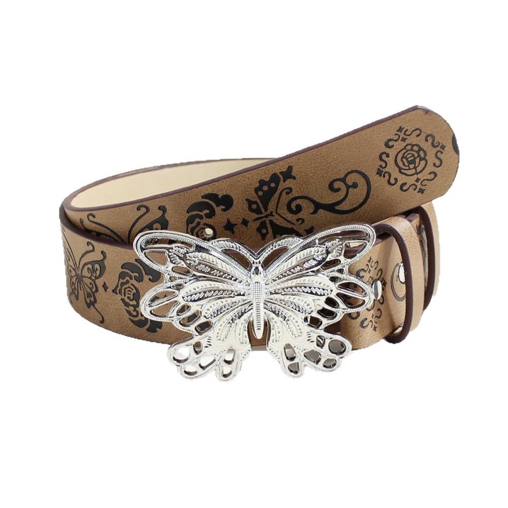 Brown Women'S Butterfly Buckle, Snap Buckle Belt, Retro Butterfly Embossing Pattern, Wearing Accessories Temperament