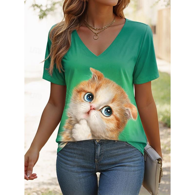 

Kayomi Harai Women s T Shirt Graphic Animal Cat Vintage Stylish Classic Short Sleeve V Neck Regular Tops Daily Print Green Summer 3XL