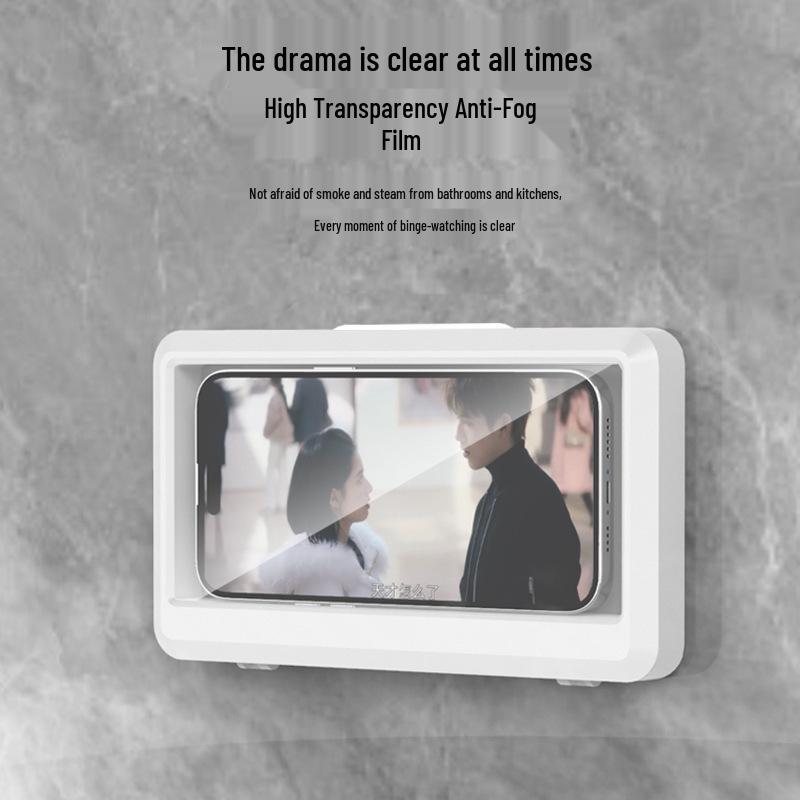 Waterproof Rotatable Wall-Mounted Phone Holder for Bathroom & Kitchen, Anti-Fog Case with Hole for Binge-Watching.
