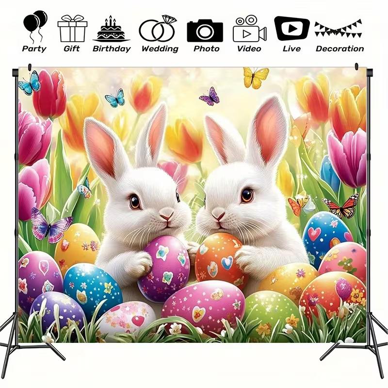 

2D Easter Photo Booth Backdrop, Cute Bunnies & Floral Photography Background 47.2x31.5inch/120*80cm