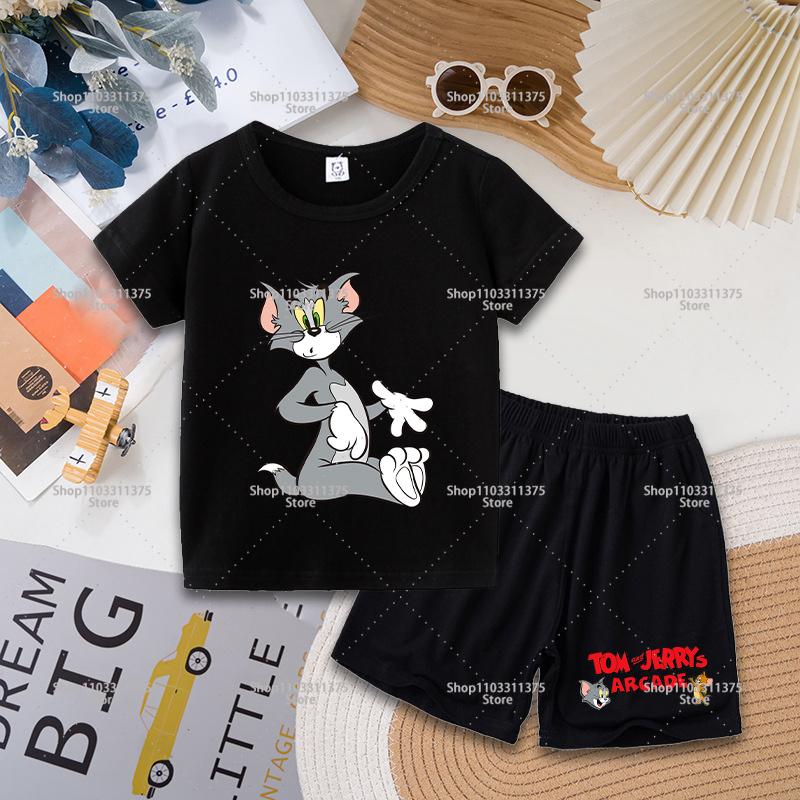 Tom and Jerry T-shirt Shorts Set Cute Cartoon Printed Casual Wear Fashion Summer Boys Girls Clothes Birthday Gift Tops Sportwear