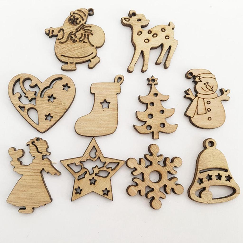 50Pcs Christmas Tree Wood Ornaments Cartoon Card DIY Party Decoration Santa Claus Snowflake Home Craft Supplies