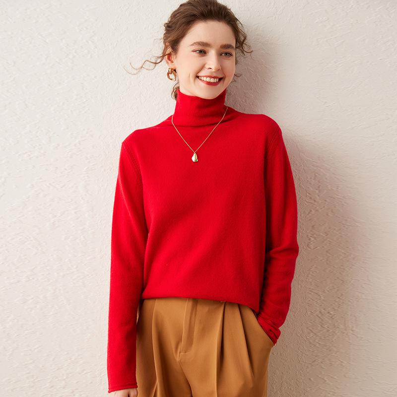 Women's Cashmere Sweater with Rolled Hem and Pile Collar – Solid Color, Loose Knit Pullover for Autumn and Winter