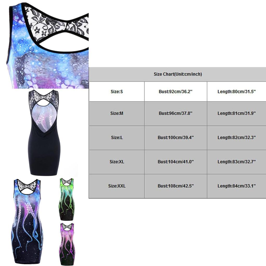 Women Summer Delicate Sleeveless Cut Out Octopus Print Mini Dress With Lace Stitching
