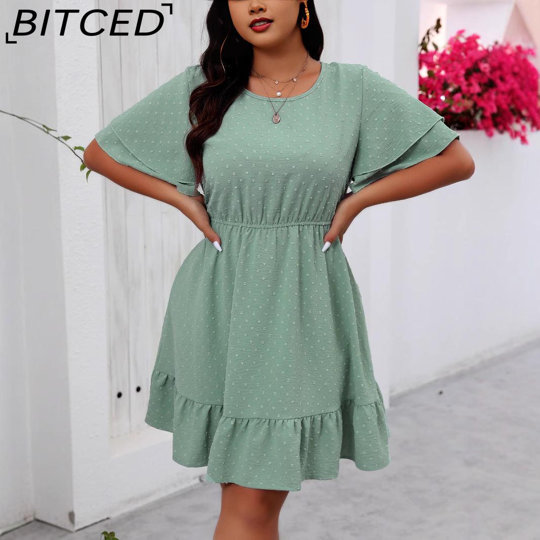 

BITCED Plus Size Casual Fringe-Trimmed O-Neck Double-Layer Ruffled Sleeve Dress XXXXL світло-зелений колір