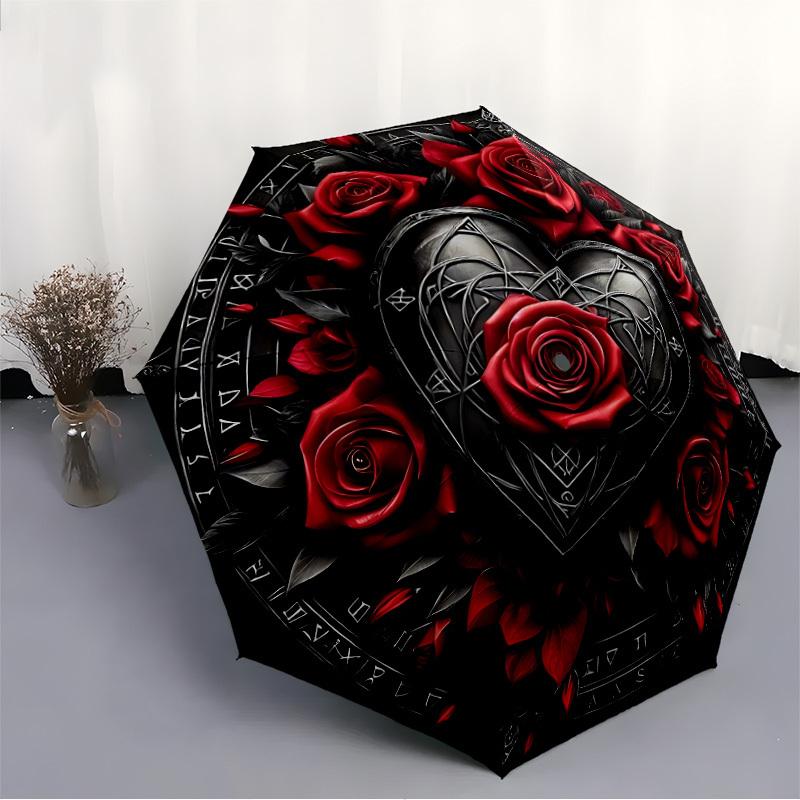 1pc Gothic Roses Heart Decor Automatic Folding Umbrella Durable Iron Frame,All Seasons Home Travel Outdoor Multifunctional Umbrella yy251115170