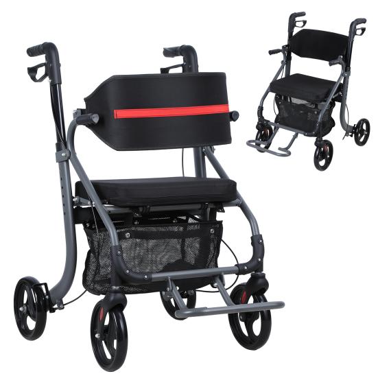 Walkers for Seniors, 8" Big Rubber Wheels All Road Rollator Walker with Seat, Foldable Height Adjustable Rolling Walker, Lightweight Aluminum Alloy