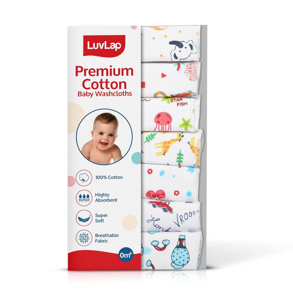 LuvLap Hosiery Cotton Baby Washcloths 7 Pcs Set, Soft Reusable Face Towels For Newborns, Skin Friendly Absorbent 22x22cm