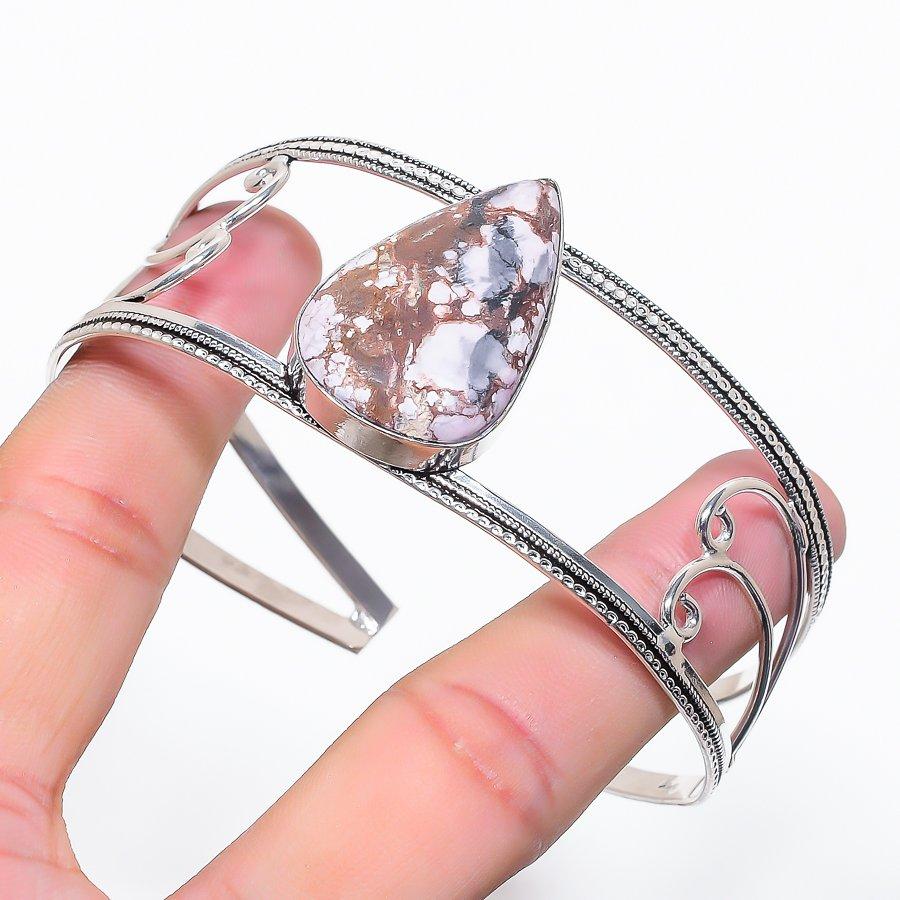Natural Wild Horse Gemstone 925 Sterling Silver Cuff Bangle Adjustable f6M46