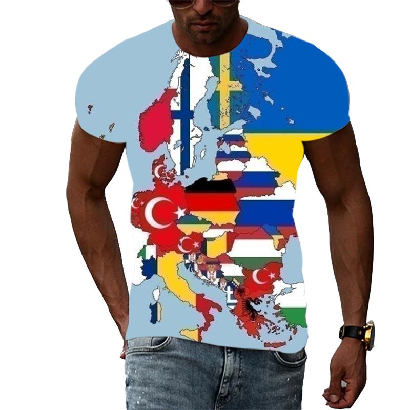 

Summer Round Neck 3D Europe Flag Map Graphic Print Top Fashionable Casual Short Sleeved Men s T-shirts XS